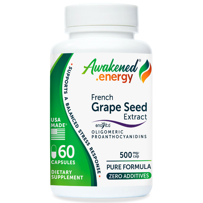 Grape Seed Extract 500 mg - Antioxidant, Cellular Health, Stress Response Support - Enovita®  French GSE, OPCs - No Additives - 60 Capsules by Awakened.energy