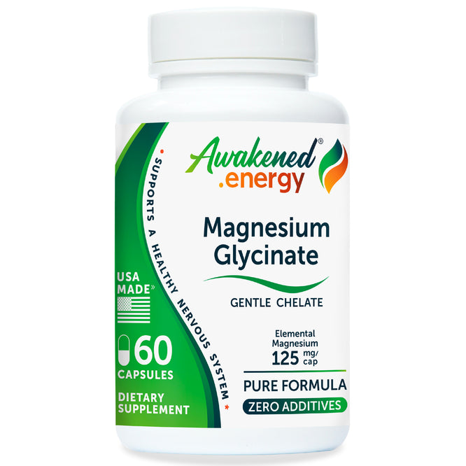 Magnesium Glycinate 125 mg Elemental Magnesium - Healthy Nervous System, Sleep Support - No Additives – 60 Capsules by Awakened.energy