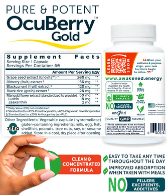 OcuBerry Gold 650 mg - Vision, Retina, Blue Light Support - No Additives- 60 Capsules by Awakened.energy
