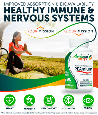 PEAmium 500mg - Ultra Micronized Palmitoylethanolamide - Supports Nerve Cells, Cellular Repair – No Additives - 90 Capsules by Awakened.energy