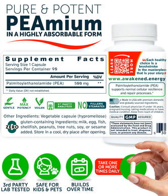 PEAmium 500mg - Ultra Micronized Palmitoylethanolamide - Supports Nerve Cells, Cellular Repair – No Additives - 90 Capsules by Awakened.energy