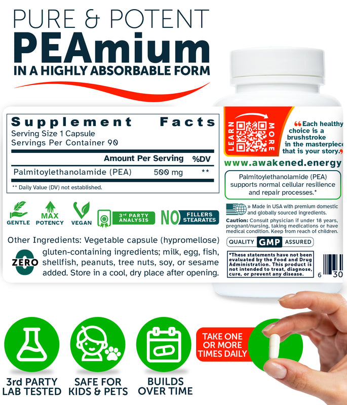 PEAmium 500mg - Ultra Micronized Palmitoylethanolamide - Supports Nerve Cells, Cellular Repair – No Additives - 90 Capsules by Awakened.energy