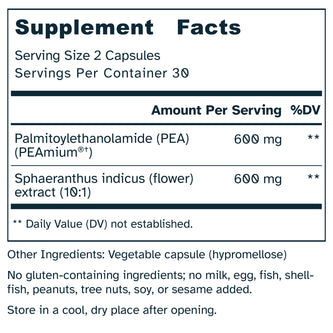 Supplement facts label with PEA and Sphaeranthus indicus extract on a white background