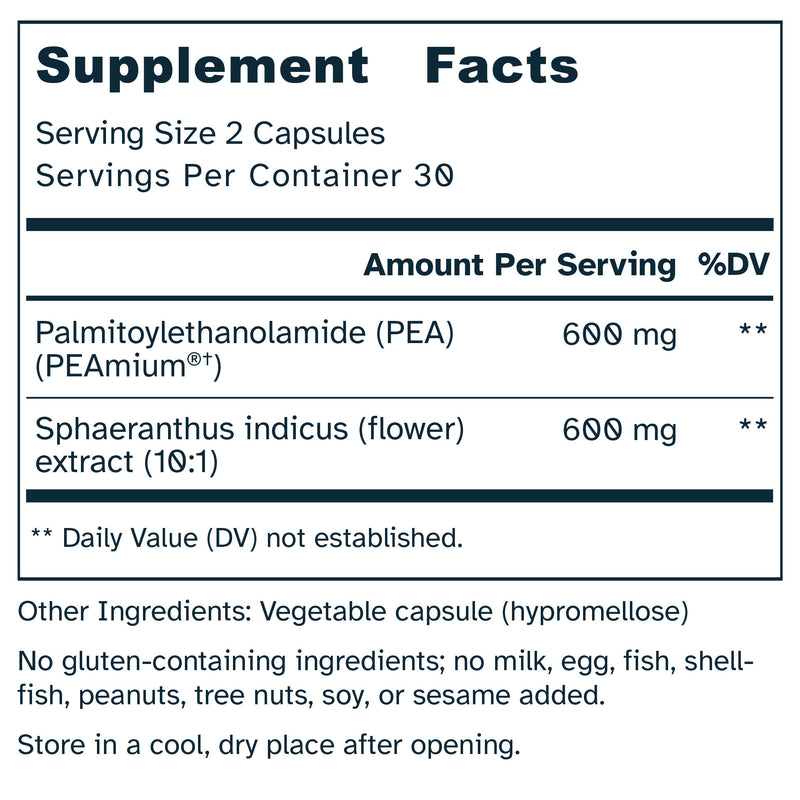 Supplement facts label with PEA and Sphaeranthus indicus extract on a white background