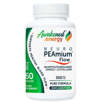 Supplement bottle labeled 'Awakened Energy Neuro PEAmium Flow' on a white background