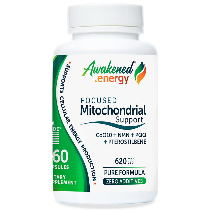 Bottle of Awakened.energy Focused Mitochondrial Support 620 mg supplement on a white background.