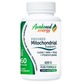 Bottle of Awakened.energy Focused Mitochondrial Support 620 mg supplement on a white background.
