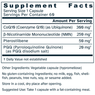 Supplement facts label for Focused Mitochondrial Support 620 mg capsules.