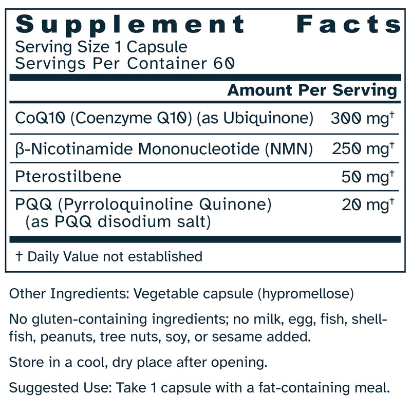 Supplement facts label for Focused Mitochondrial Support 620 mg capsules.