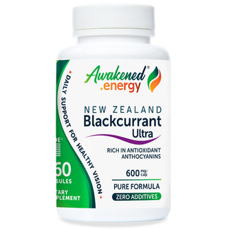 Supplement bottle labeled 'Awakened Energy New Zealand Blackcurrant Ultra' on a white background