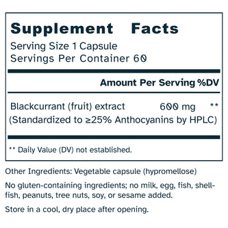 Supplement facts label for blackcurrant extract capsule with serving size and container information.