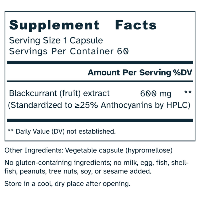 Supplement facts label for blackcurrant extract capsule with serving size and container information.