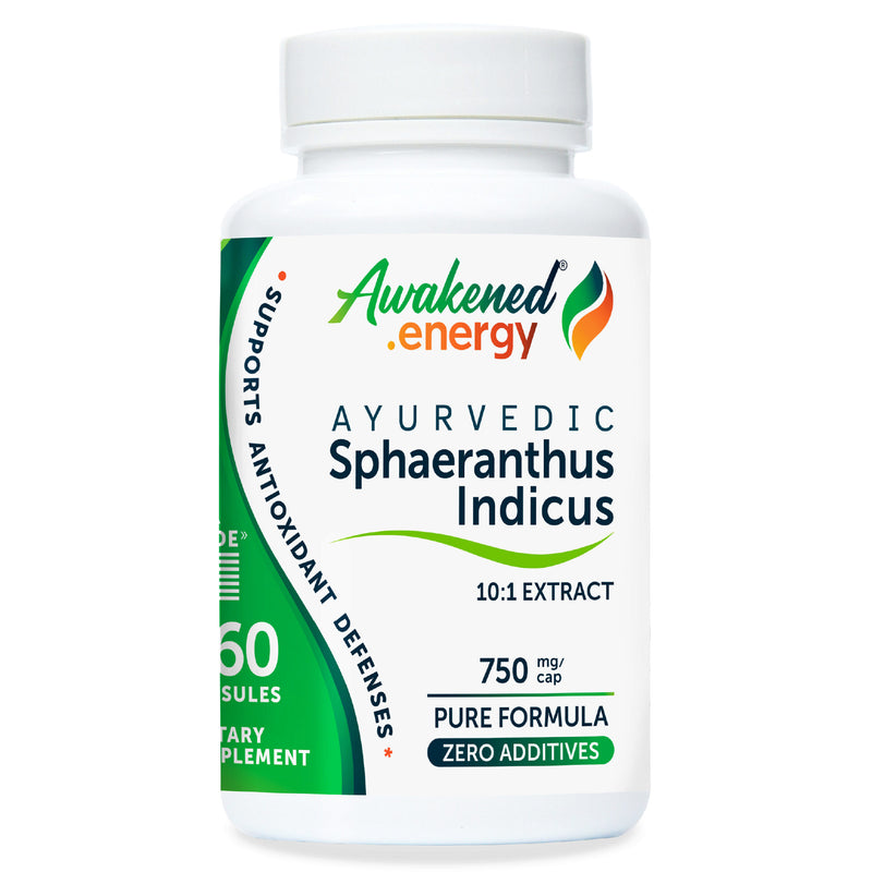 Supplement bottle labeled 'Awakened Energy' with Ayurvedic Sphaeranthus Indicus on a white background