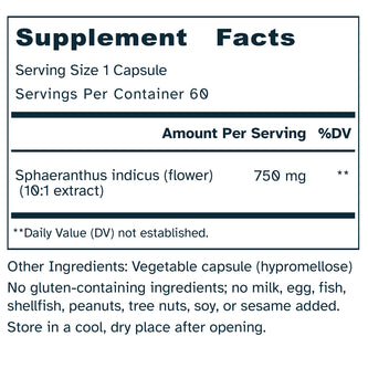 Supplement facts label for a product with Sphaeranthus indicus extract.