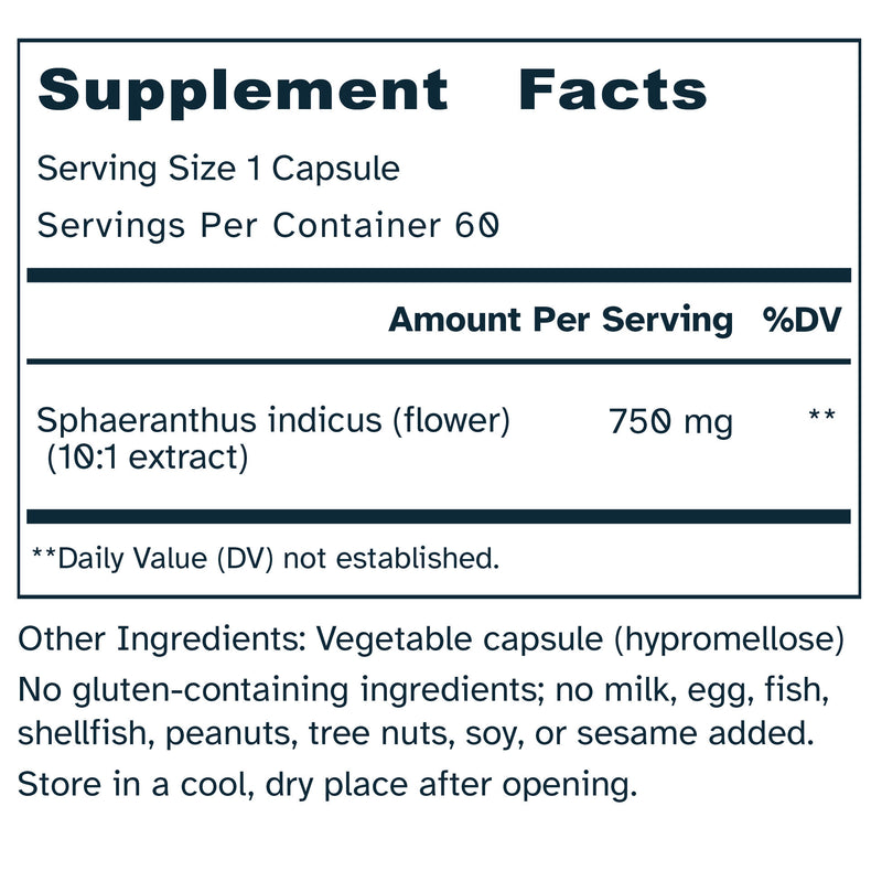 Supplement facts label for a product with Sphaeranthus indicus extract.