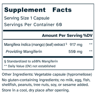 Supplement facts label for a mango leaf extract supplement.