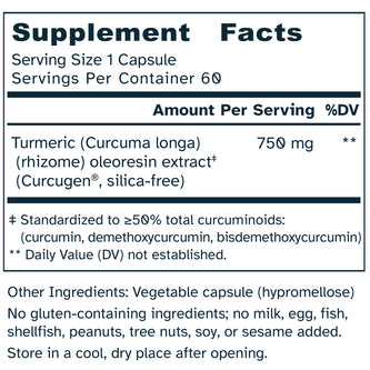 Supplement facts label for a turmeric capsule with detailed ingredient information.
