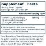 Supplement facts label for a turmeric capsule with detailed ingredient information.