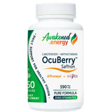 Bottle of Awakened.energy OcuBerry Saffron with Enovita 590 mg supplement on a white background.