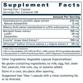 Supplement facts label for OcuBerry Saffron with Enovita 590 mg capsules.