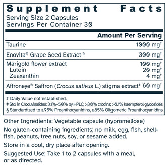 Supplement facts label for Saffron Retinal Complex 730 mg capsules.