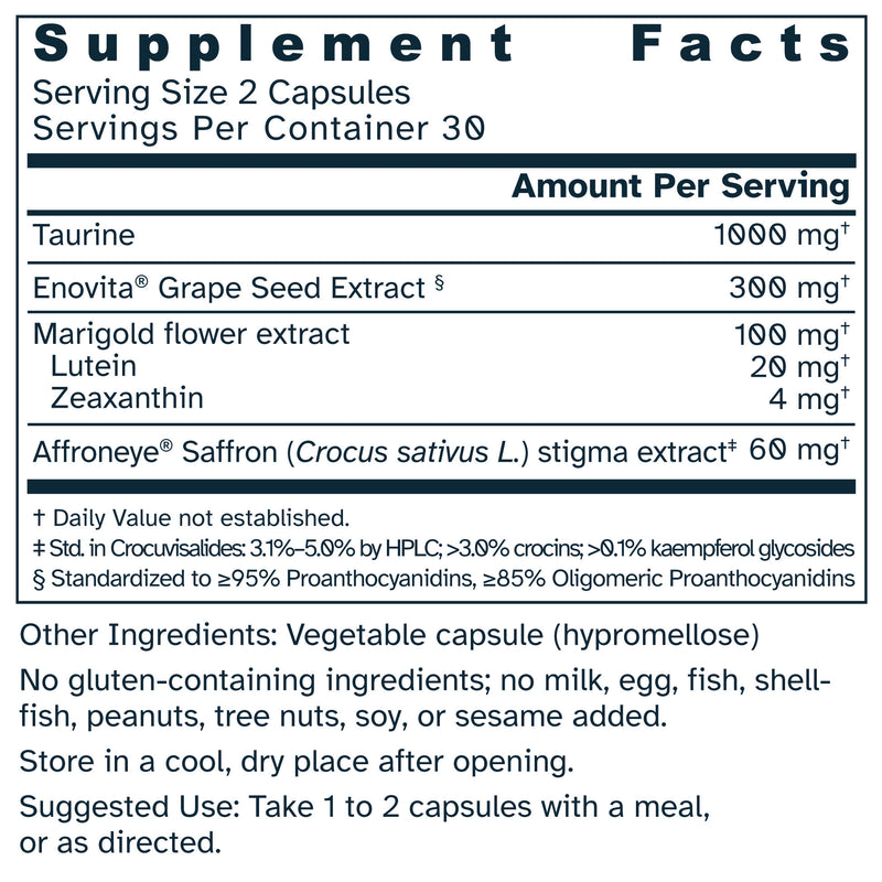 Supplement facts label for Saffron Retinal Complex 730 mg capsules.