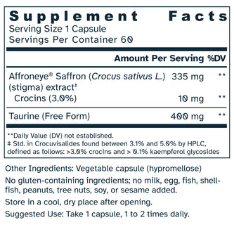 Supplement facts label for Ultra Potency Saffron 735 mg capsules.