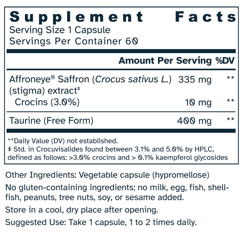 Supplement facts label for Ultra Potency Saffron 735 mg capsules.