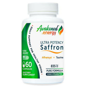 Bottle of Awakened.energy Ultra Potency Saffron 835 mg supplement on a white background.