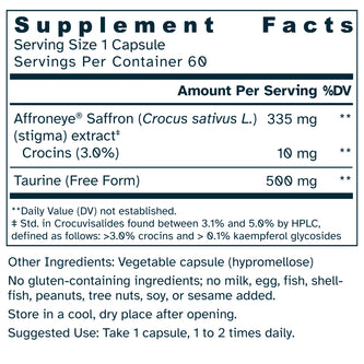 Supplement facts label for Ultra Potency Saffron 835 mg capsules.