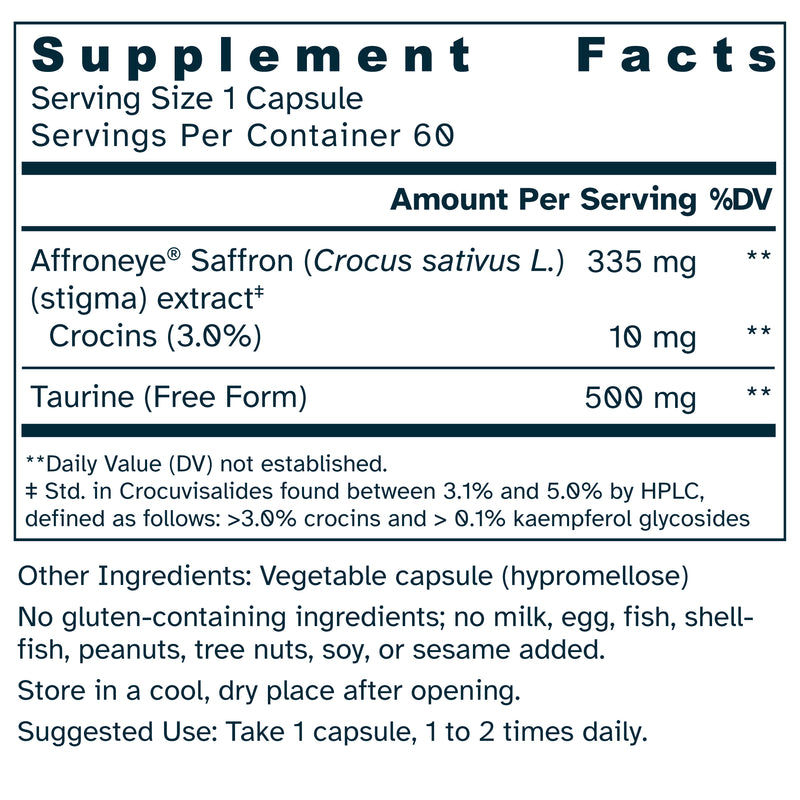 Supplement facts label for Ultra Potency Saffron 835 mg capsules.