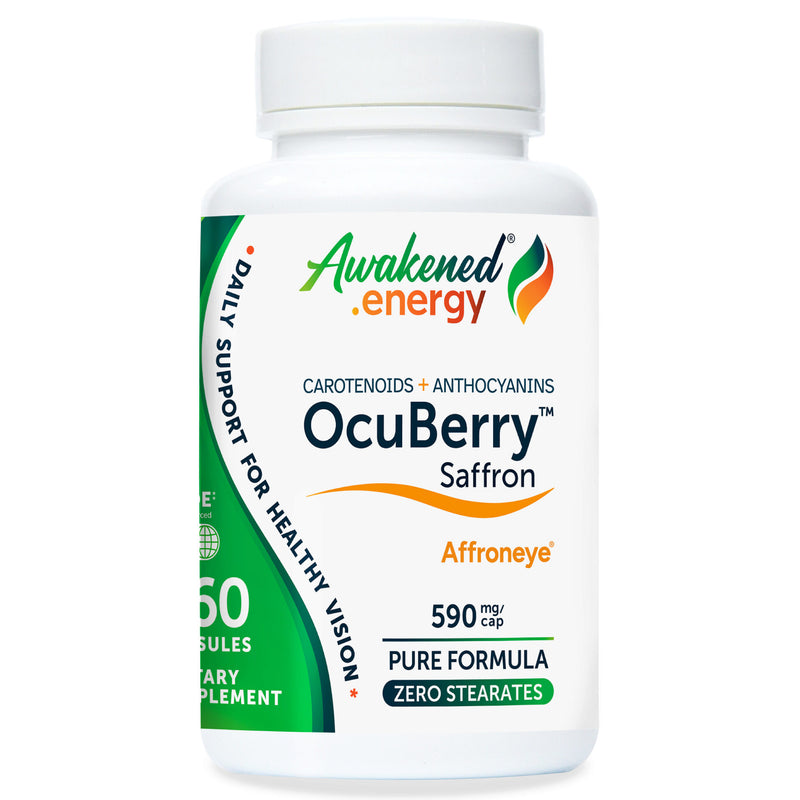 Bottle of Awakened.energy OcuBerry Saffron with Acerola Cherry 590 mg supplement on a white background.