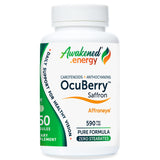 Bottle of Awakened.energy OcuBerry Saffron with Acerola Cherry 590 mg supplement on a white background.