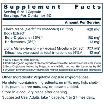 Supplement facts label for Dual Spectrum Lion's Mane Extract 750 mg capsules.