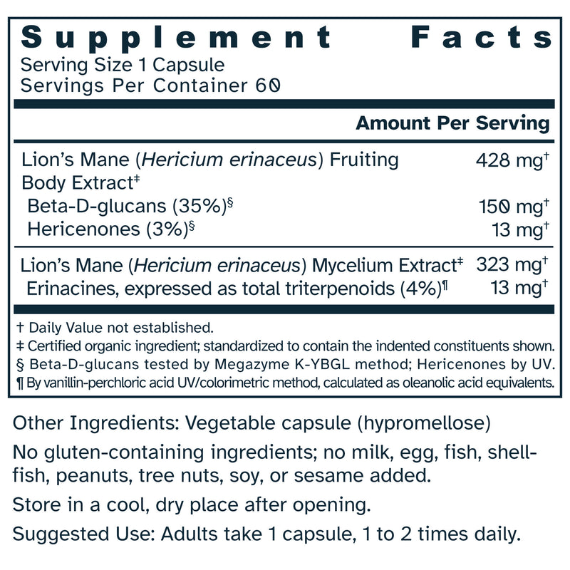 Supplement facts label for Dual Spectrum Lion's Mane Extract 750 mg capsules.