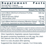 Supplement facts label for Dual Spectrum Lion's Mane Extract 750 mg capsules.