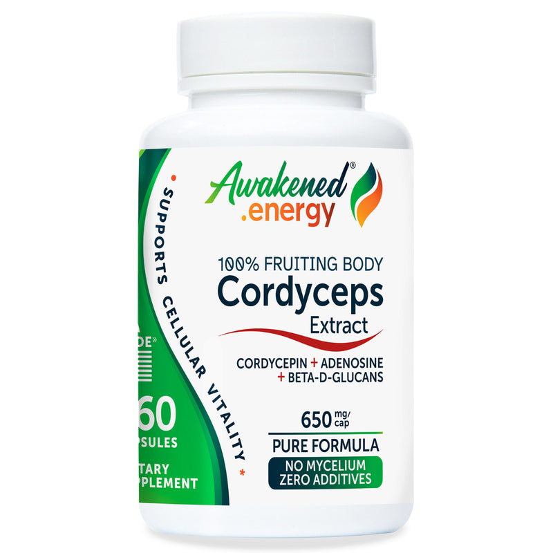Bottle of Awakened.energy Cordyceps Extract 650 mg supplement on a white background.