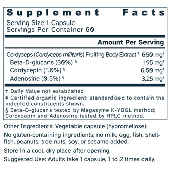 Supplement facts label for Cordyceps Extract 650 mg capsules.