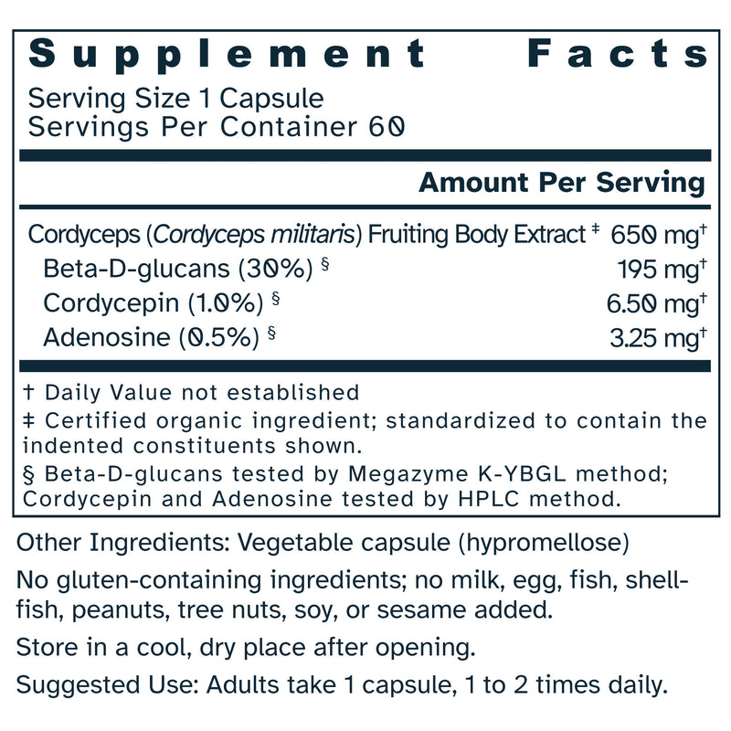 Supplement facts label for Cordyceps Extract 650 mg capsules.