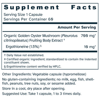 Supplement facts label for Ergothioneine Extract 700 mg capsules.