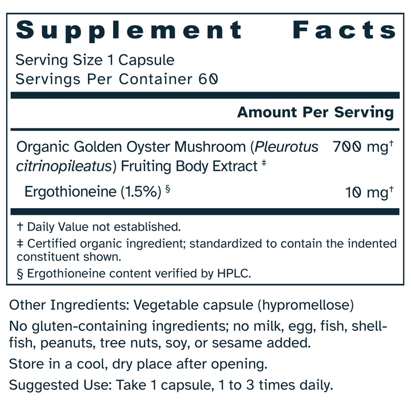 Supplement facts label for Ergothioneine Extract 700 mg capsules.