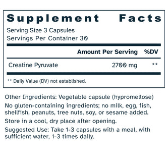 Supplement facts label for Creatine Pyruvate 900 mg capsules.