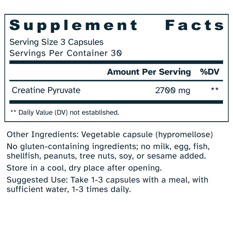 Supplement facts label for Creatine Pyruvate 900 mg capsules.