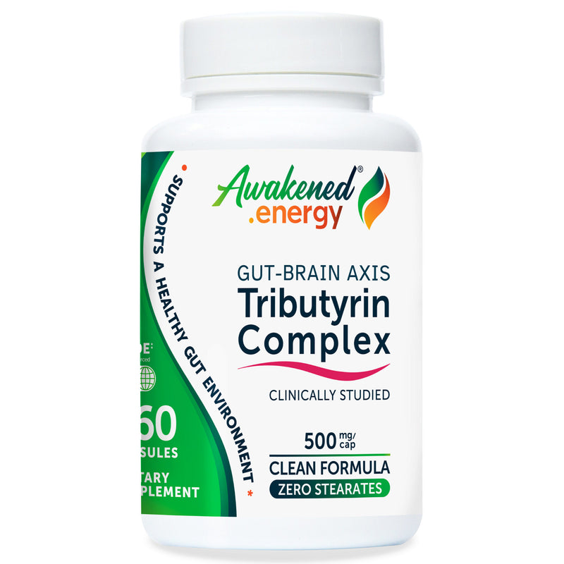 Bottle of Awakened.energy Gut-Brain Axis Tributyrin Complex 500 mg supplement on a white background.