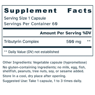 Supplement facts label for Gut-Brain Axis Tributyrin Complex 500 mg capsules.