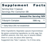 Supplement facts label for Gut-Brain Axis Tributyrin Complex 500 mg capsules.