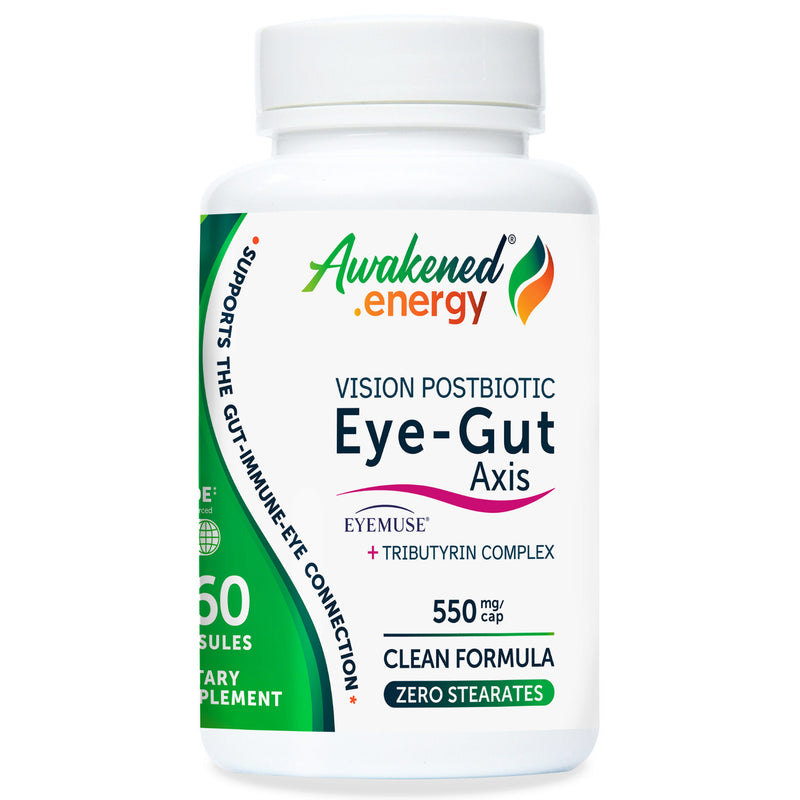 Bottle of Awakened.energy Eye-Gut Axis 550 mg supplement on a white background.