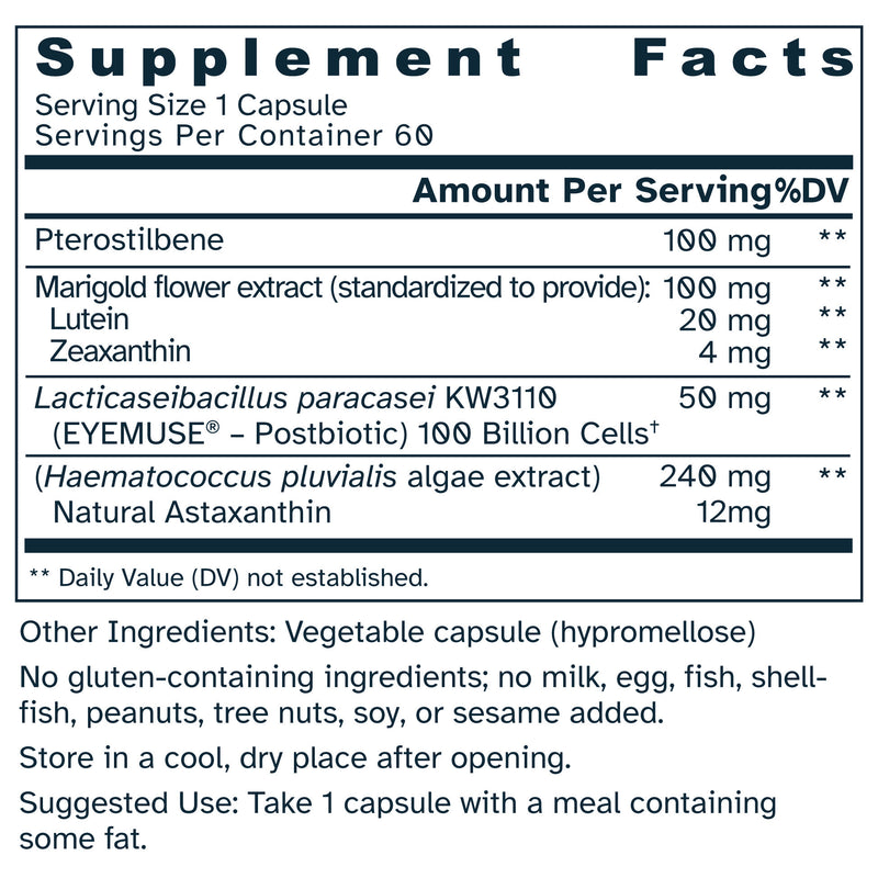 Supplement facts label for Eye-Gut Axis 490 mg capsules.