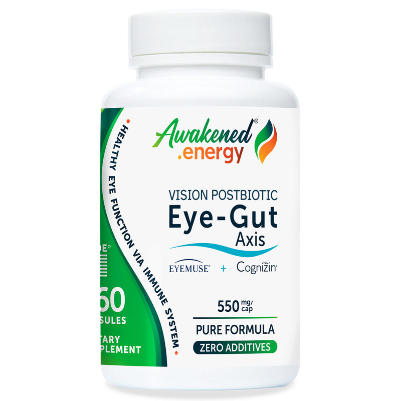 Bottle of Awakened.energy Eye-Gut Axis 550 mg supplement on a white background.