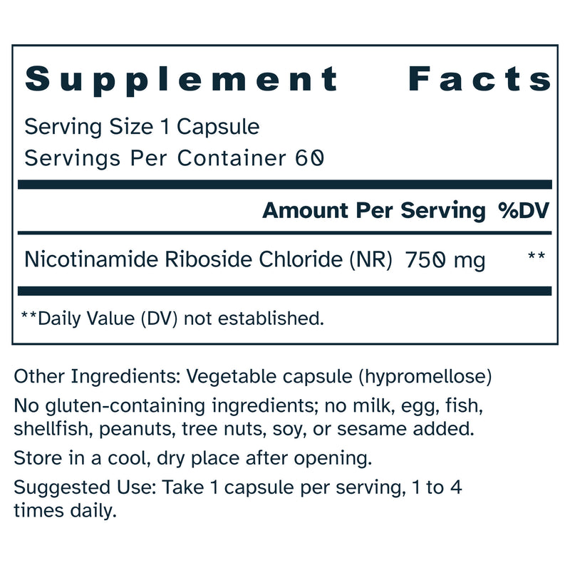 Supplement facts label for Nicotinamide Riboside NAD+ Precursor 750mg capsules.